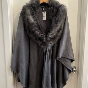Grey Poncho with Faux Fur Collar